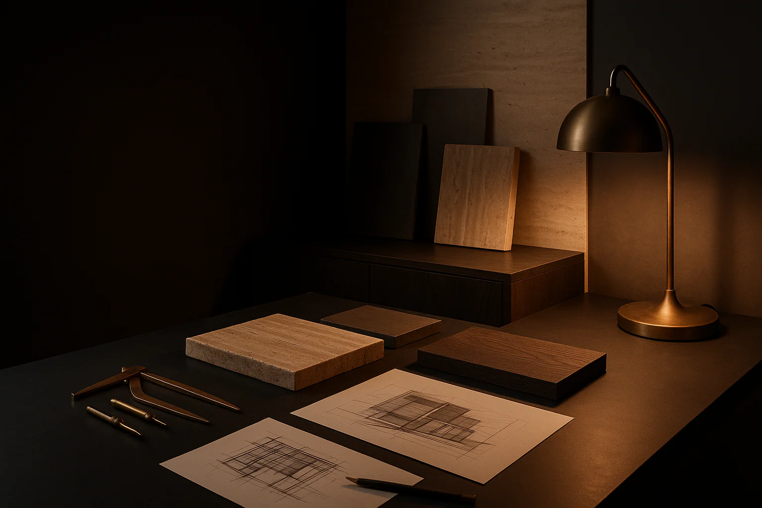 Design studio material boards and bronze tools — NOX FORM studio atmosphere