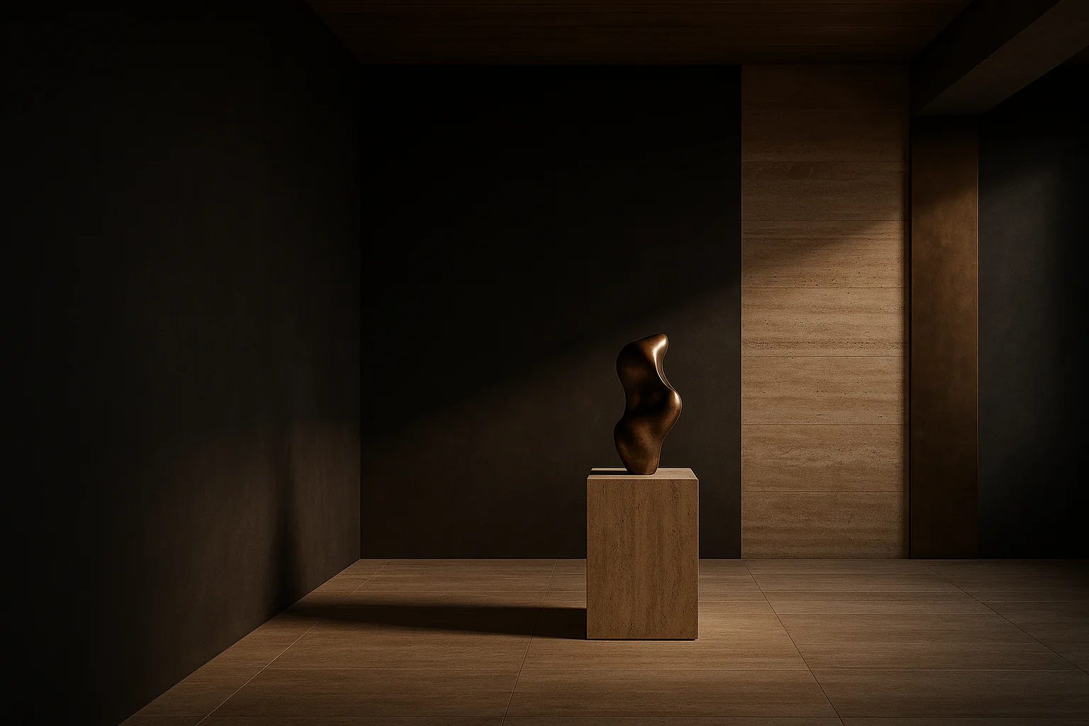 Gallery interior with bronze sculpture and raking light — NOX FORM manifesto atmosphere