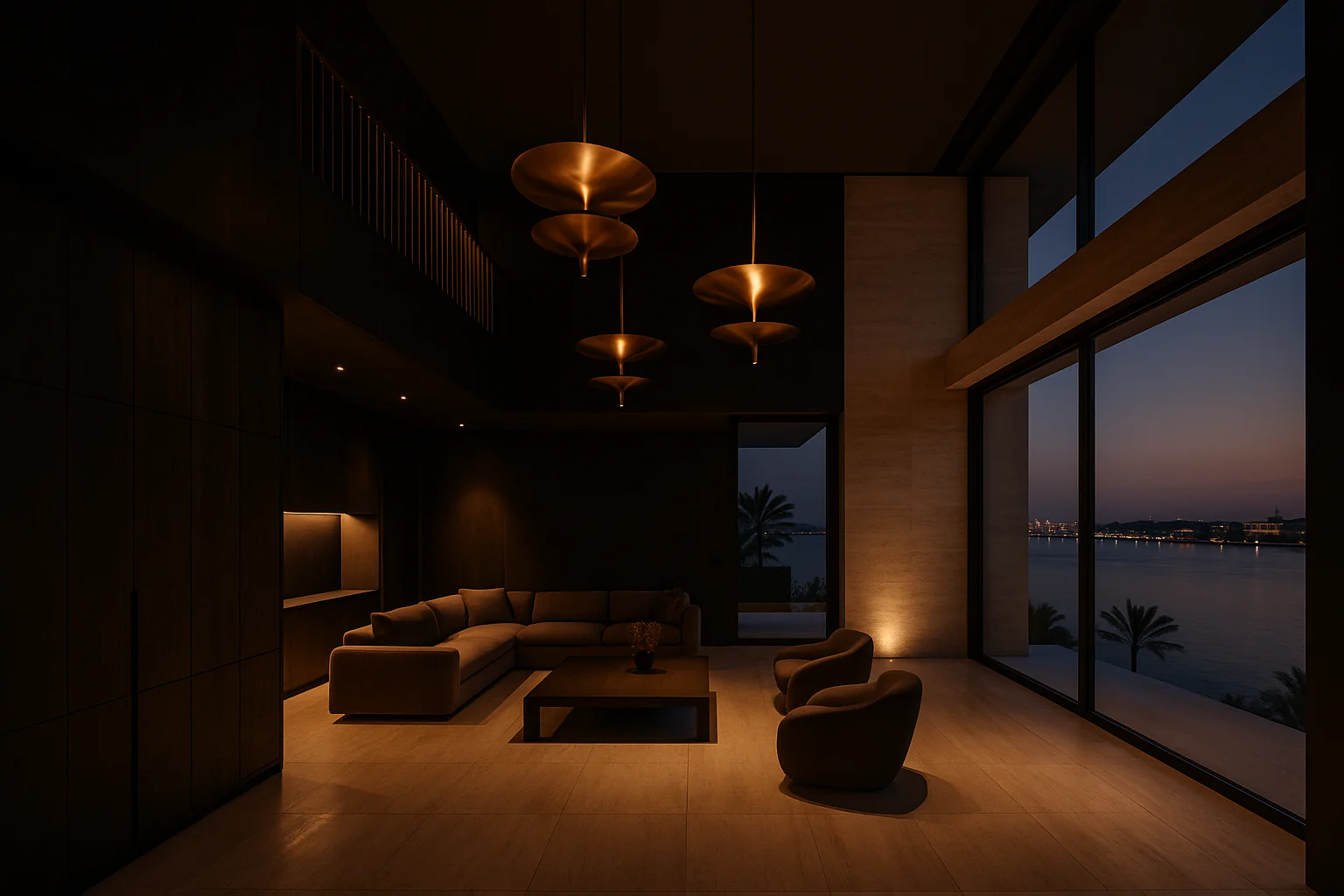 Azure Villa — double-height living room at twilight