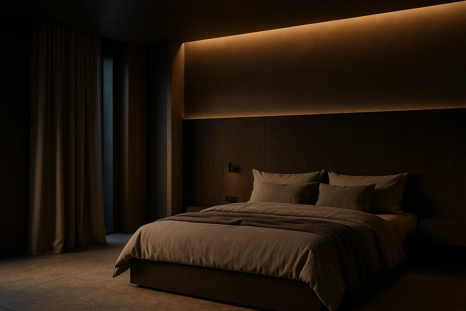 Azure Villa — master suite with smoked oak and linen
