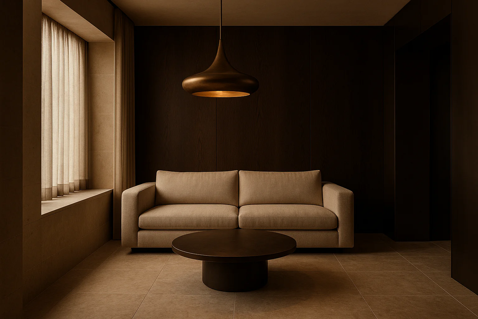 Meridian Office — reception lounge with bronze portal