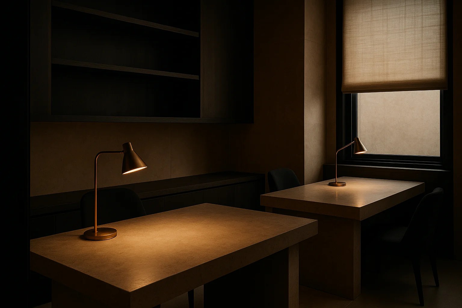 Meridian Office — analyst workspace with linen blinds