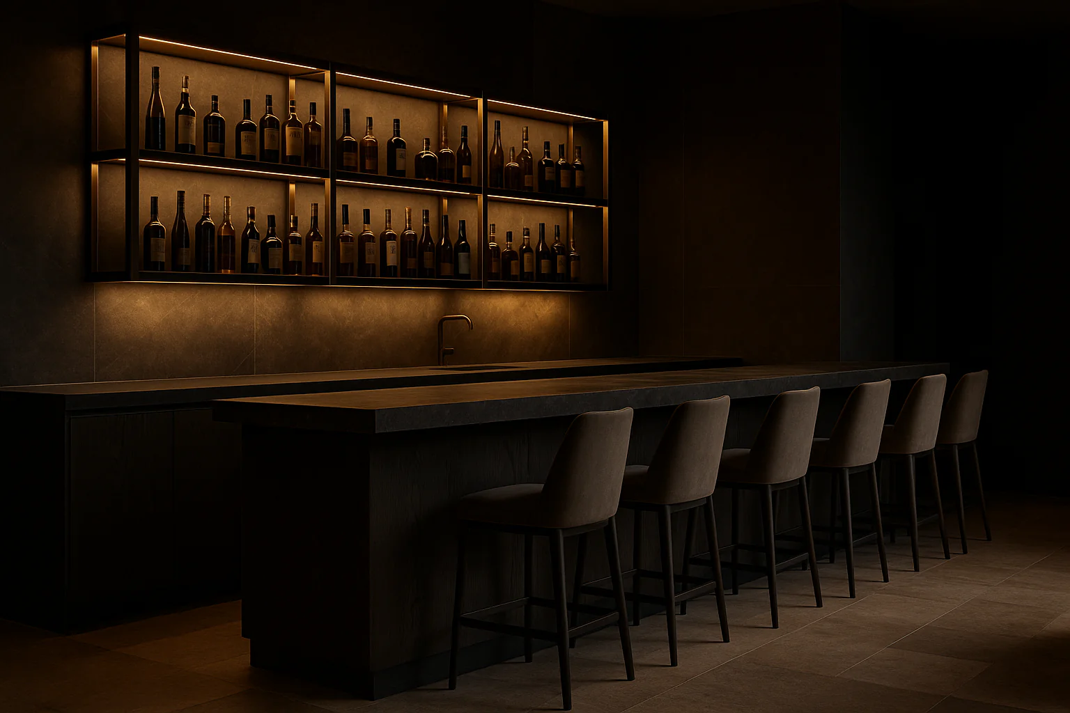 Obsidian Hotel — bar with bronze shelving and amber light