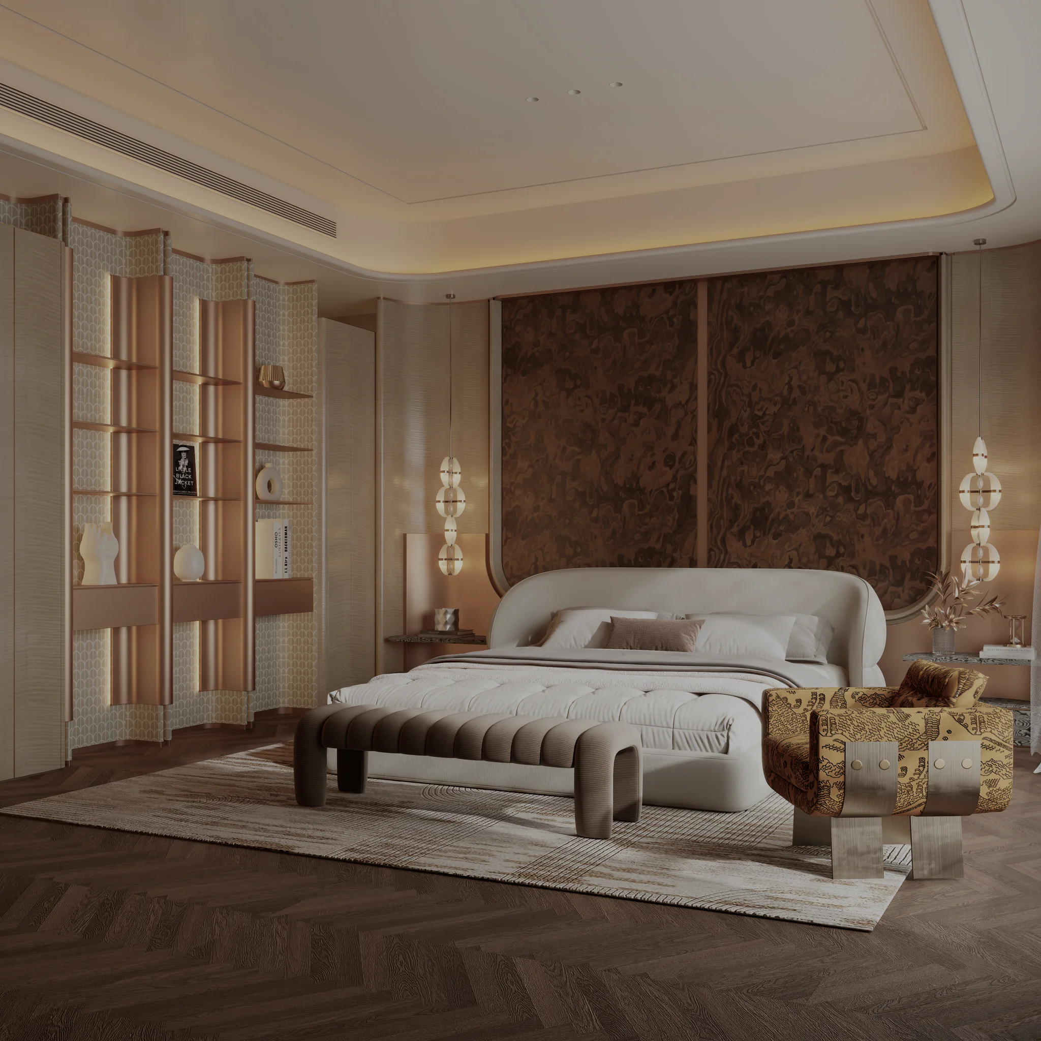 Serene Bedroom — sleeping volume in warm neutral light