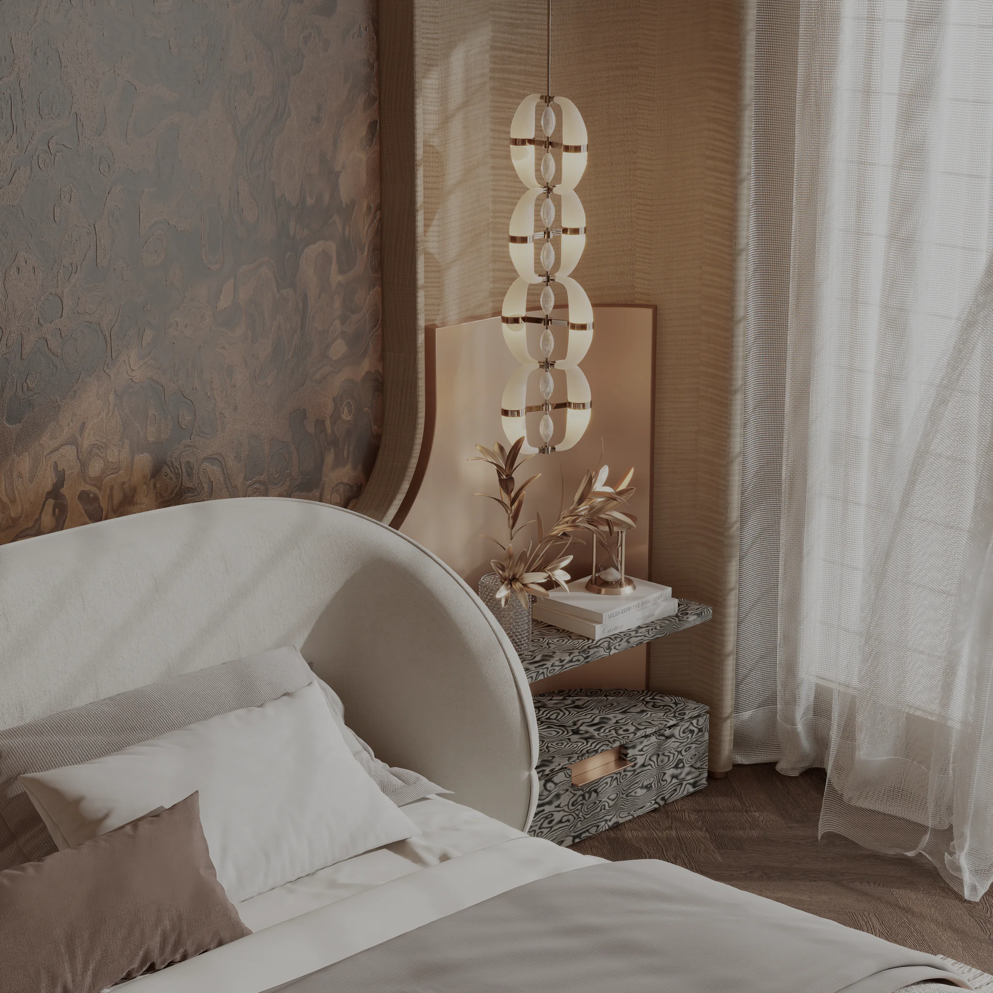 Serene Bedroom — long-axis composition with bronze detailing