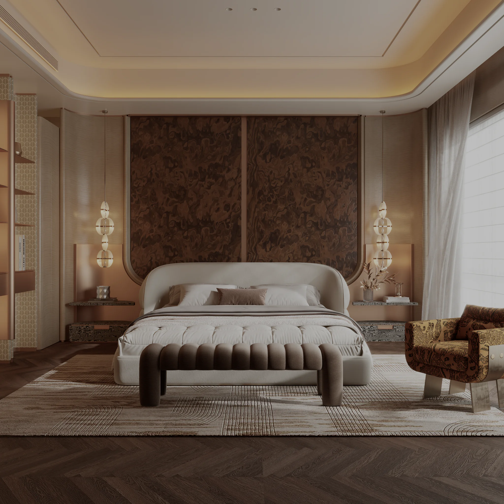 Serene Bedroom — burl-wood feature wall and sculptural pendants