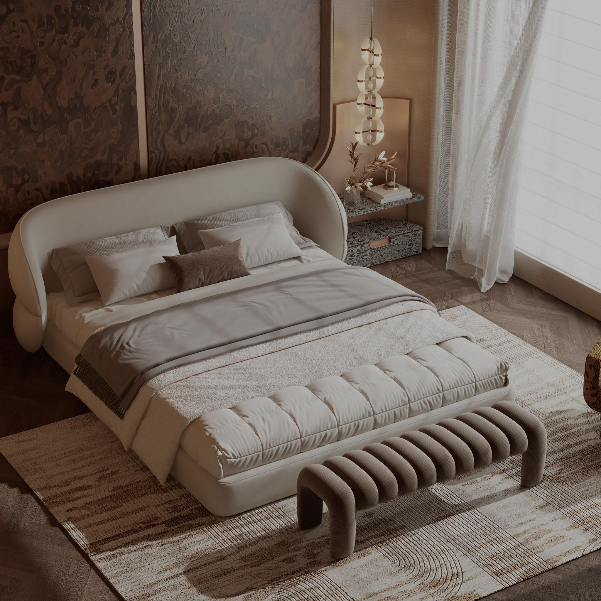 Serene Bedroom — bedside vignette in smoked oak