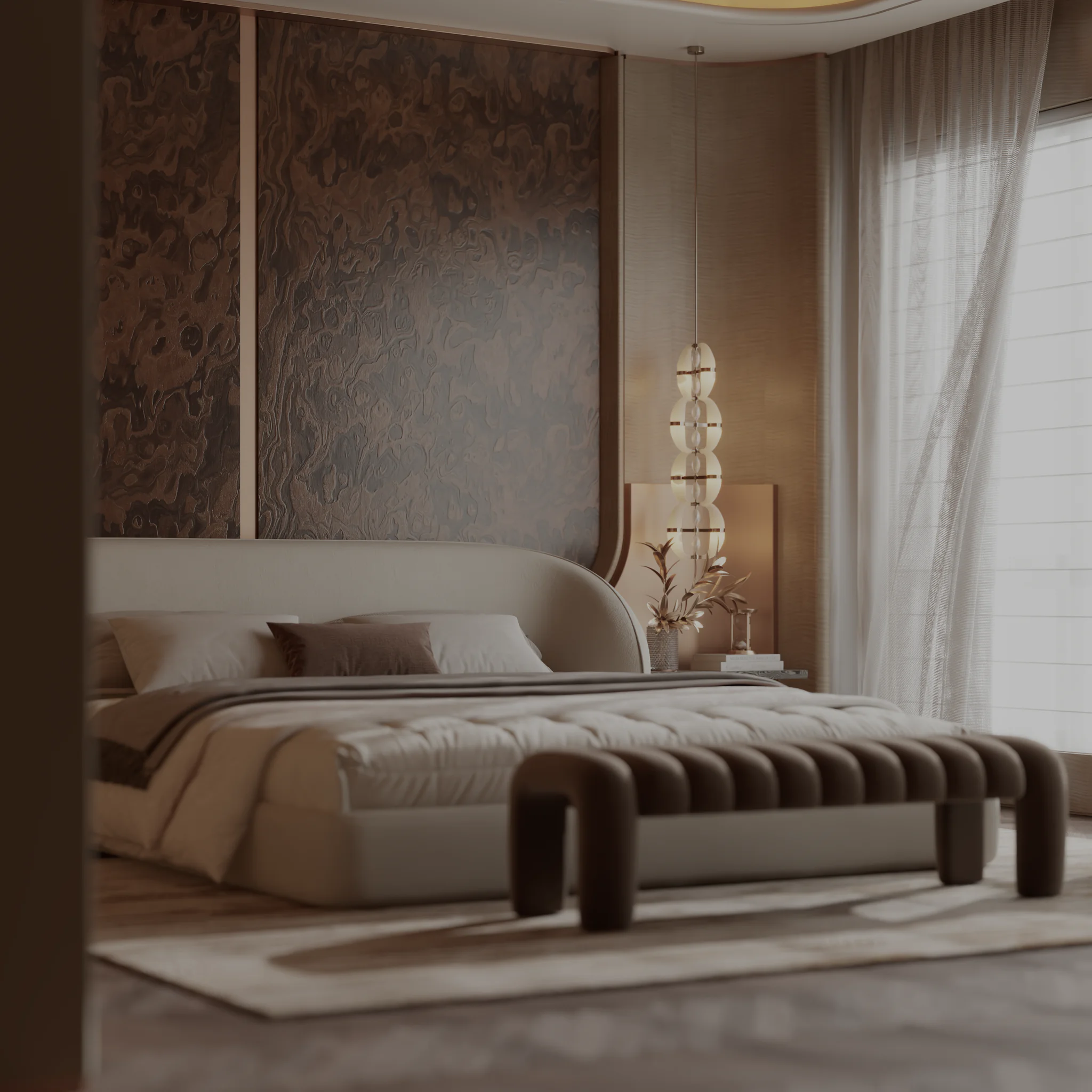 Serene Bedroom — daylight through sheer curtains