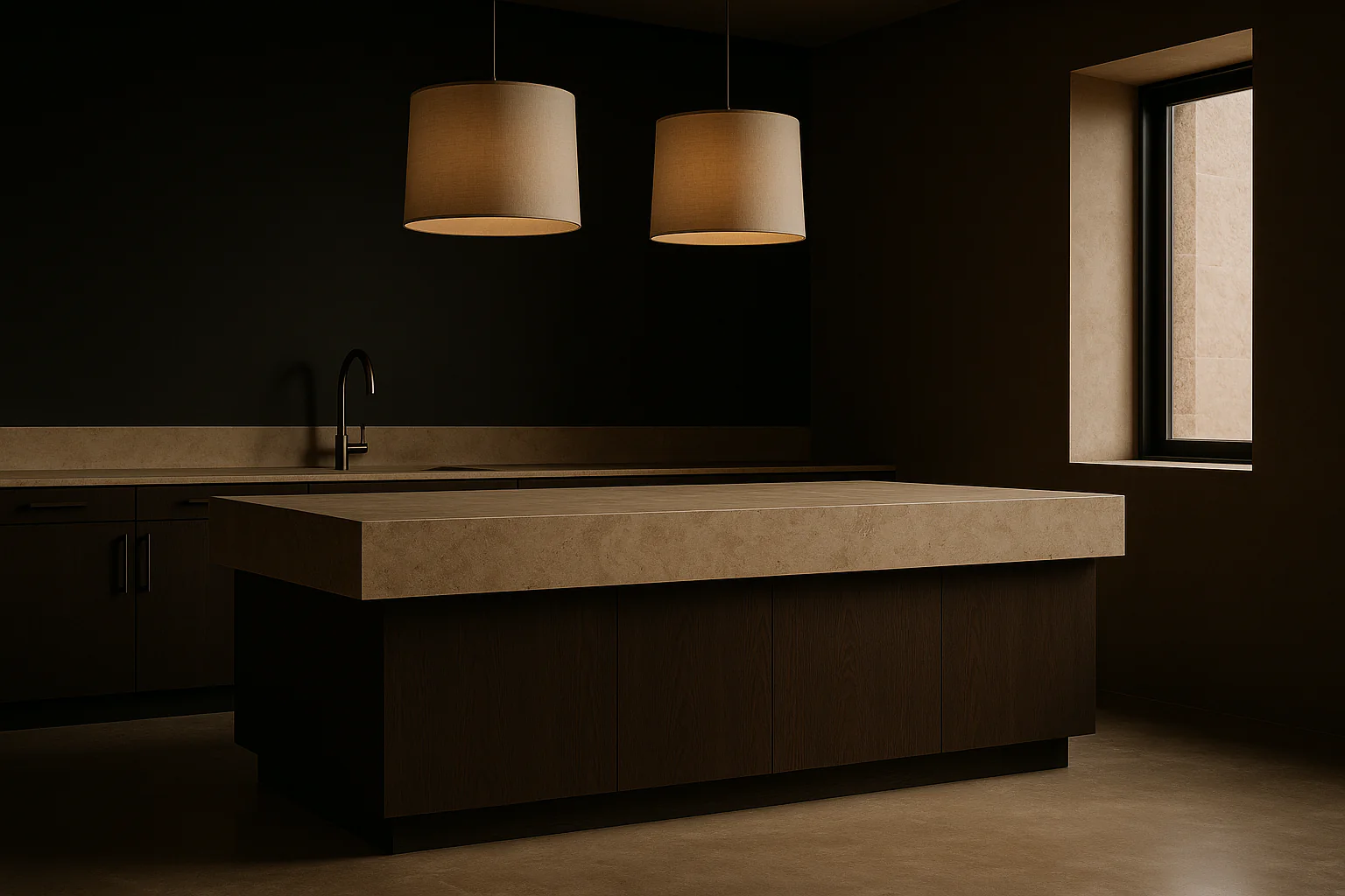 Stone Residence — kitchen island in smoked oak and stone